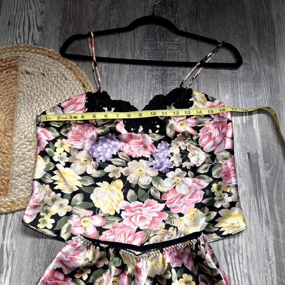 VICTORIA'S SECRET Gold Label Vtg Floral Print Satin Camisole & Short Pajama Set